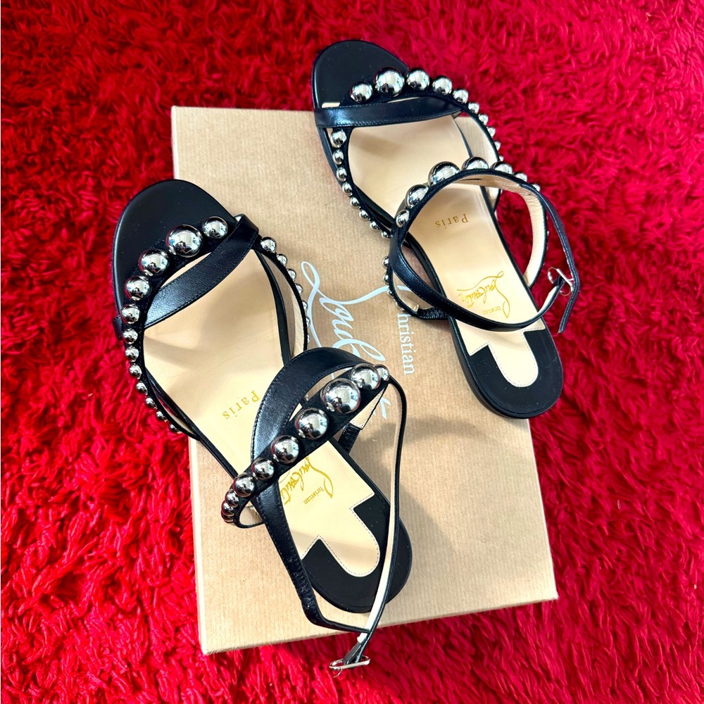Christian Louboutin Black Leather Studded Flat Sandals with Silver Domes